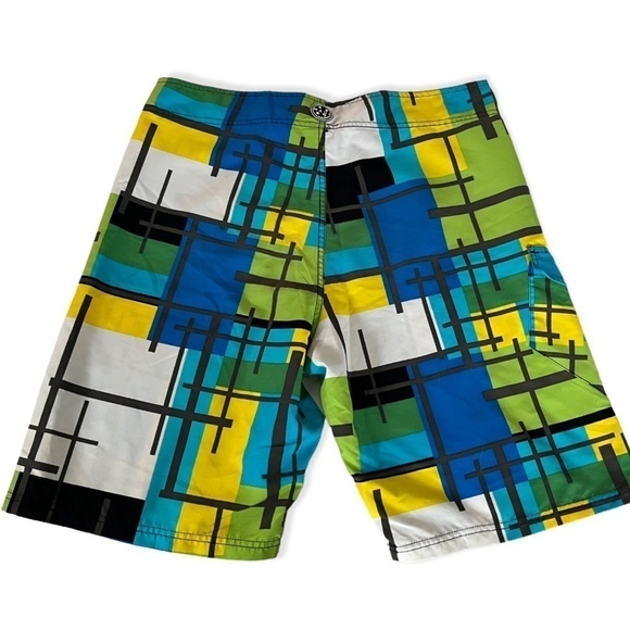 MAUI AND SONS Men's Sz 36 Blue Yellow Turquoise Black Geometric Boardshorts - Picture 2 of 6